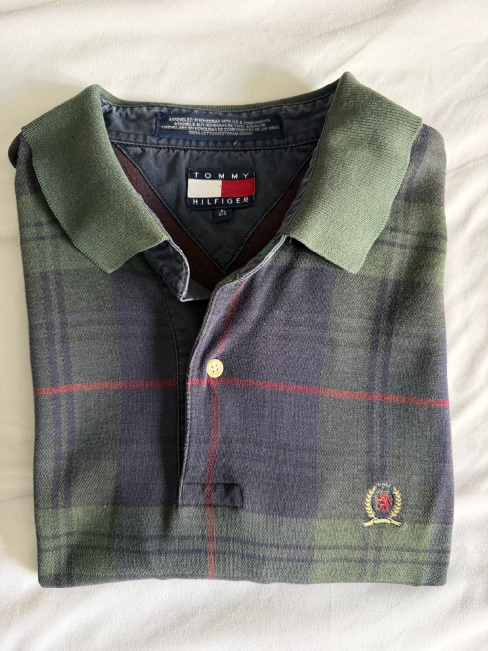 Vintage Tommy Hilfiger 100% Cotton Green Plaid Polo Shirt Streetwear Preppy Y2K